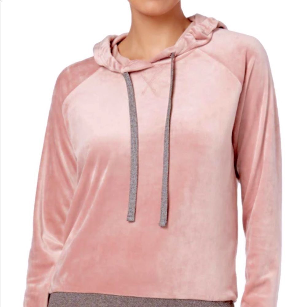 HOODED Plush Velour Pink Sweatshirt w/Gray Trim Size M